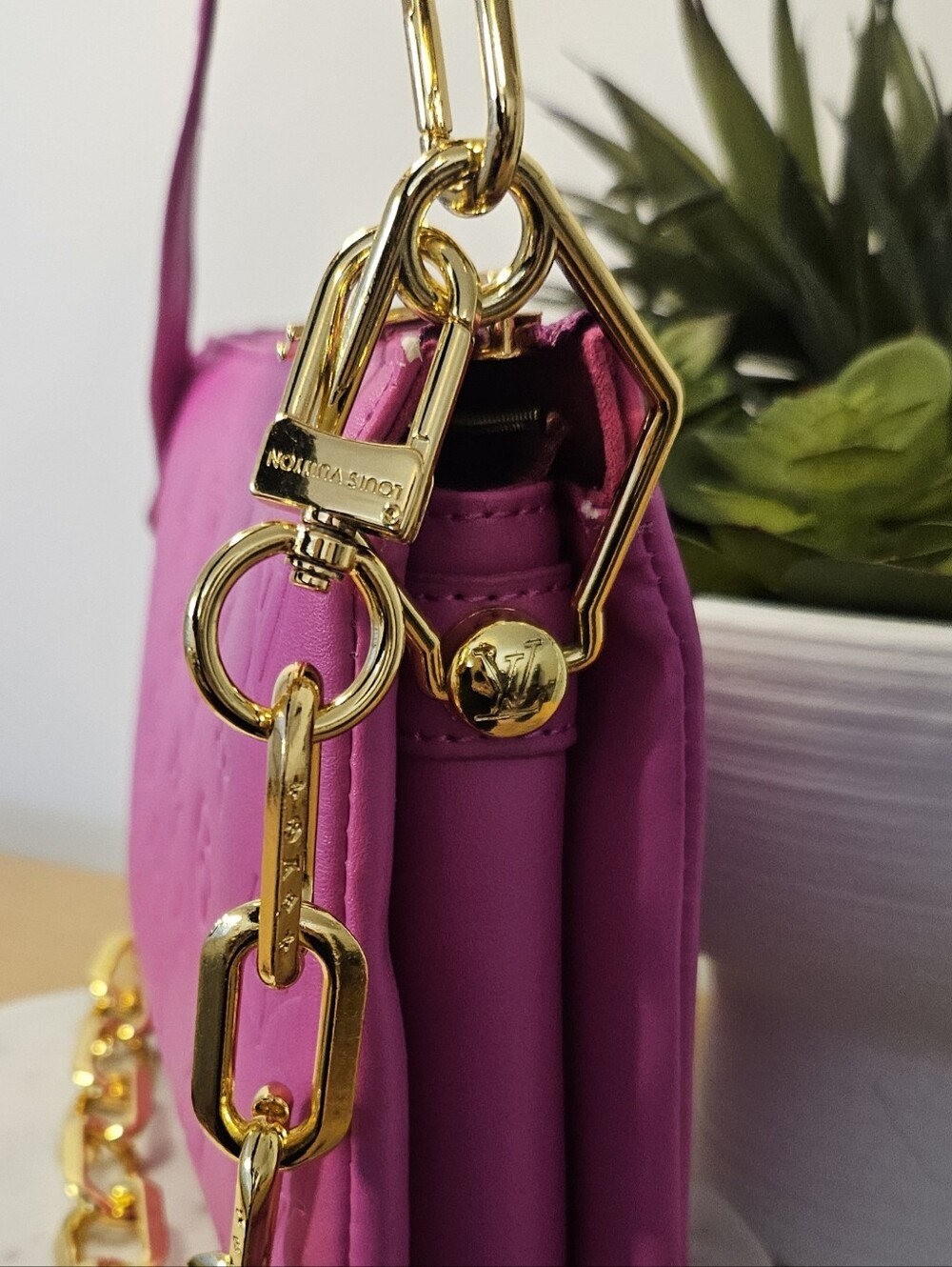 Designer Inspired Fuchsia Monogram Crossbody Bag with Gold Chain - Picture 7 of 8